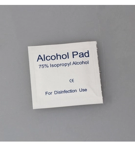 Detail of 75% isopropyl alcohol prep pad in white foil packaging with CE marking