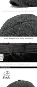 Detailed view of grey herringbone newsboy cap featuring an adjustable inner elastic band