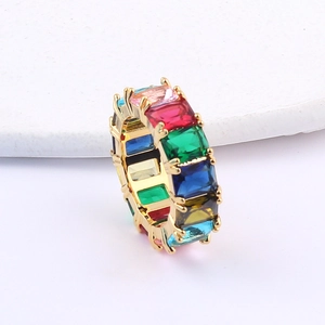 Rainbow eternity band ring with colorful rectangle-cut cubic zirconia in gold plating