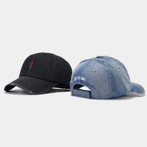 Denim baseball cap with rose embroidery and adjustable back buckle in casual street style