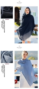 Detail of dark and light blue linen scarves showing soft texture and natural fringe edges