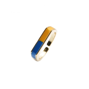 Adjustable gold plated rectangle ring with yellow and blue enamel inlay for women
