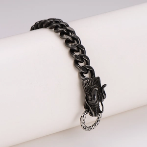 Retro stainless steel Cuban link bracelet with vintage dragon head and carved ring clasp