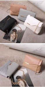 Detail of four woven straw crossbody bags with leather patchwork and gold chain straps