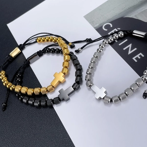 Adjustable beaded cross bracelets in gold, black and silver stainless steel set