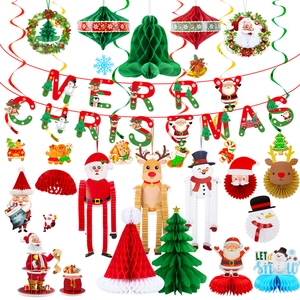 Collection de décorations de Noël en papier nid d'abeille rouge et vert et bannières festives