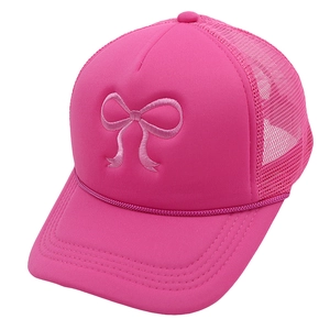 Pink mesh trucker hat featuring elegant bow embroidery and breathable design for women