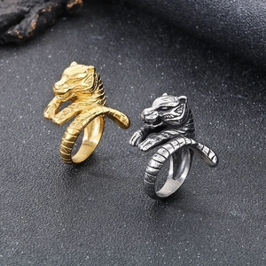 Men Tiger Head Ring Stainless Steel Punk Rock Retro Dominating Animal Zodiac Statement Jewelry Gold Silver Tone