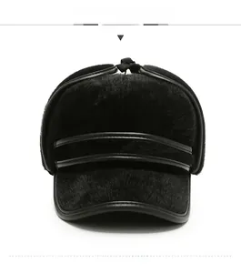 Front view of black faux mink fur winter hat with leather trim and ear protection flaps