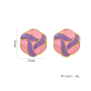 Pink and purple textured flower stud earrings in gold-plated stainless steel with dimensions