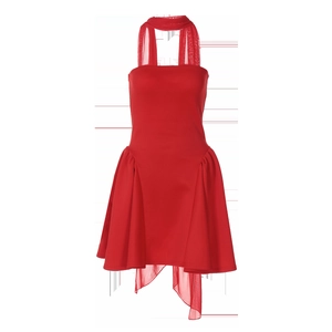 Detail of red halter dress featuring pleated waist and asymmetrical layered mesh hem