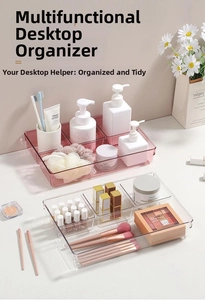 Macro detail of transparent multi-grid drawer organizer for makeup and skincare products