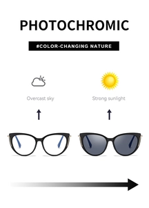 Detailed infographic of black cat eye photochromic glasses with gold accents