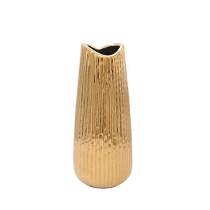 Nordic luxury gold plated ceramic flower vase with vertical texture on white background