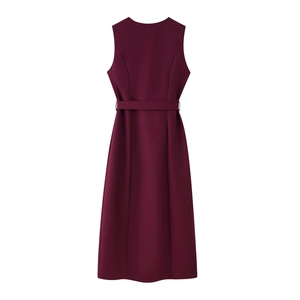 Back view of burgundy sleeveless midi dress with matching waist belt and A-line silhouette
