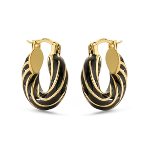 Chic black and gold enamel twisted spiral hoop earrings with secure clicker closure