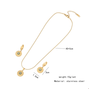 Detail view of stainless steel necklace and earring set with dimensions and weight info
