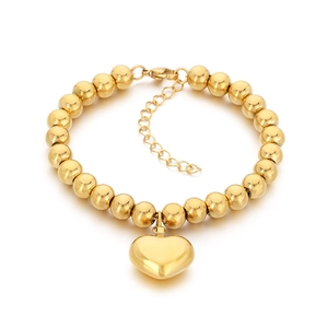 18K gold plated bead bracelet with hollow heart pendant and adjustable lobster clasp