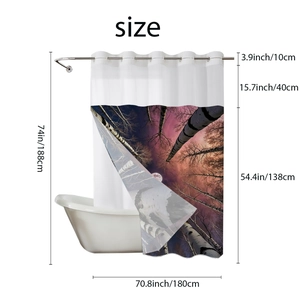 Detail view of double-layer shower curtain with birch forest print and metal grommets