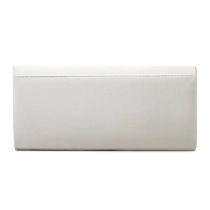 Close-up of minimalist white satin clutch bag showing premium fabric texture and stitching