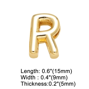 Detailed view of gold plated letter R charm with dimensions 15mm by 9mm and 5mm thickness
