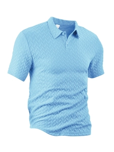Detailed view of light blue polo shirt with textured herringbone pattern on 3D layout