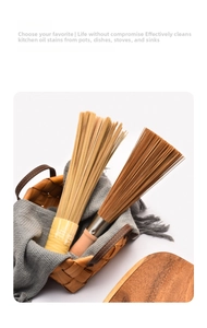 Detailed close-up of natural bamboo fiber pot brushes with ergonomic wooden handles