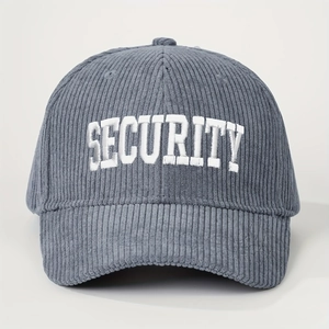 Vintage gray blue corduroy baseball cap featuring white SECURITY 3D embroidery detail