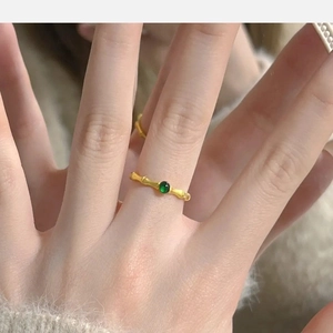Bamboo Joint Open Ring Copper With Green Gemstone New Chinese Style Vintage Adjustable Finger Jewelry For Women