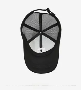 Detail view of the breathable mesh structure and adjustable metal buckle on black truck cap