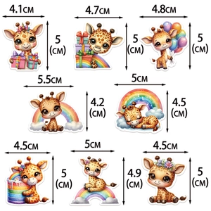 Cute giraffe theme cake toppers set with gifts, rainbows and balloons for birthday party