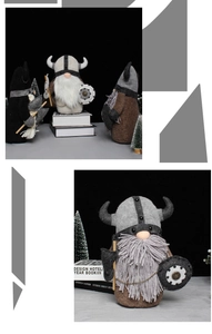 Close-up of viking gnome plush with detailed horn helmet, shield and bearded texture