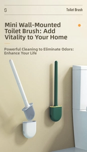 Detail of wall-mounted silicone toilet brush set with ventilated base and ergonomic handle