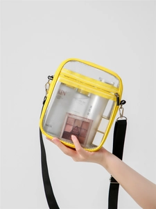 Detail view of transparent yellow PVC crossbody bag showing dual zipper pockets and interior capacity