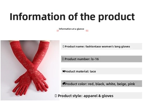 Detail of 40cm long lace gloves for women showing elegant mesh texture and full finger design
