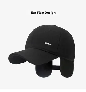 Detail view of winter baseball cap with unfolded ear flaps for cold protection