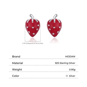 Cute S925 sterling silver strawberry stud earrings with red enamel glaze for girls