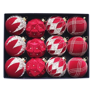 Set of 12 luxury 8cm red velvet Christmas balls with gold sequins and rhinestones ornaments
