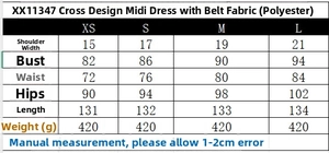 Size chart for halter midi dress with belt showing shoulder, chest, and waist dimensions
