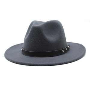 Dark grey wool fedora hat with black leather rivet band and wide flat brim design