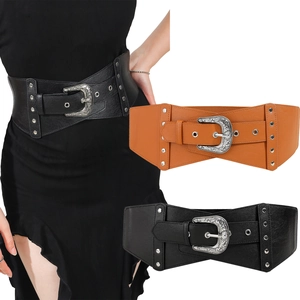 Women Vintage Wide Corset Belt With Carved Flower Buckle Elastic Stretch Waist Belt Retro Rivet Decorative Cinch Belt For Dresses