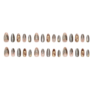 French almond press-on nails with 3D gold relief and grey cat-eye pearl design