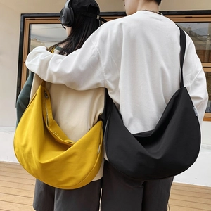 Minimalist large crescent Oxford cloth crossbody bag in yellow and black canvas
