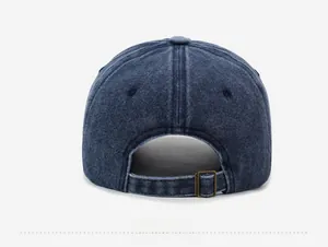 Back view of washed navy baseball cap featuring metal buckle and premium stitching