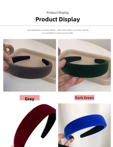 Detail of velvet padded headbands in grey, dark green, burgundy, and royal blue colors