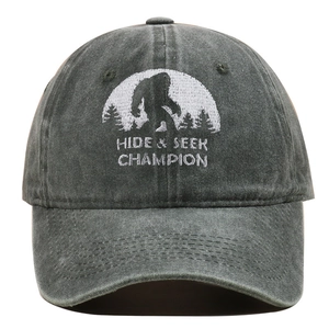 Vintage washed dark grey baseball cap with white Bigfoot Hide & Seek embroidery