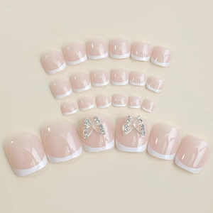 French white tip press-on toenails with 3D silver rhinestone butterfly accents