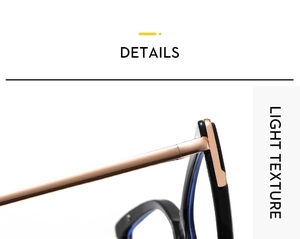Detailed macro view of black TR90 cat-eye frame with blue inner trim and golden metal hinge