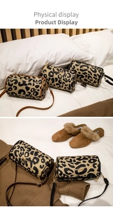 Detailed physical display of a leopard print barrel bag with brown fur trim slippers