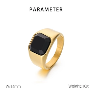 Detail view of a 14mm wide men's gold square ring with a black gemstone and weight info